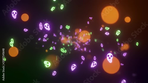 Neon glowing halloween skulls and bokeh particles loop background