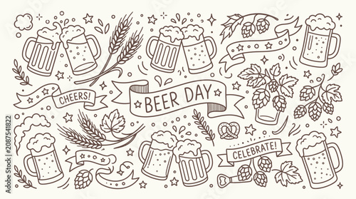 Schilderij op canvas Hand-drawn doodle illustration celebrating Beer Day with mugs, hops, wheat, and pretzels