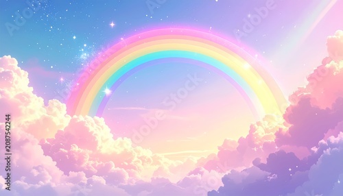 Vibrant rainbow in the sky with clouds.