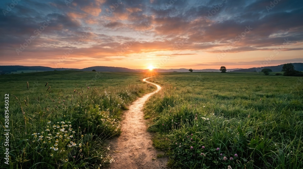 Fototapeta premium World Mental Health Day A beautiful sunset over a long dirt path in a green meadow with a glowing orange sky and purple clouds