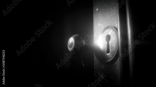 Close up of a door handle and lock in a dark mysterious setting
