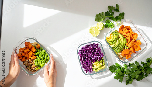 Flat lay of healthy vegan meal prep glass containers with quinoa and roasted vegetables on a bright kitchen counter