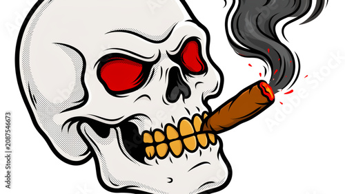 Pixel art human skull with glowing red eyes smoking a brown cigar