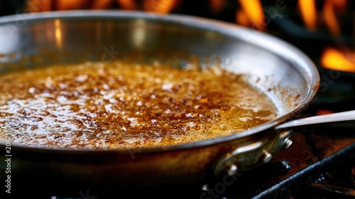 Rich, browned butter simmers in a hot skillet with flames visible