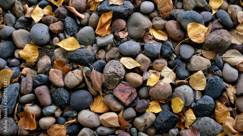 Natural stones and fallen autumn leaves create a textured, earthy ground cover