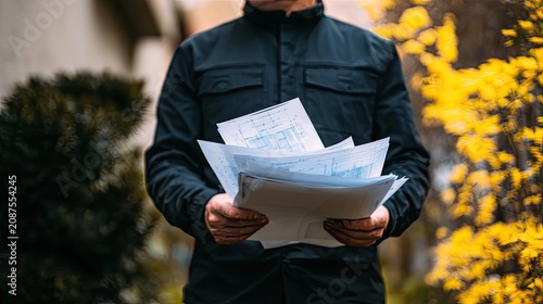 Person holding many documents outdoors, blurred foliage background