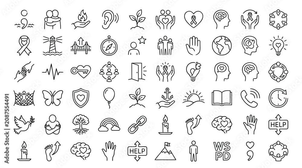 Naklejka premium A collection of diverse line icons representing concepts like health, community, support, and growth.