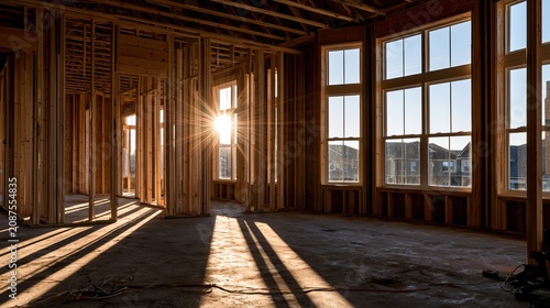 Sunbeams stream through windows of a house under construction