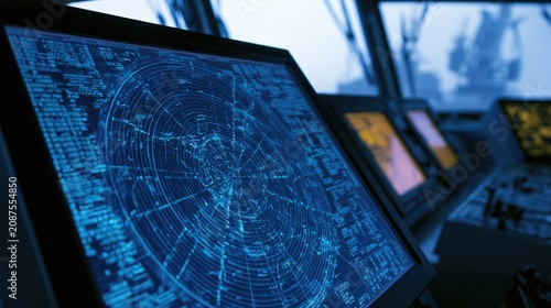 Detailed radar display showing navigation data in a ship's control room