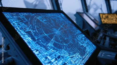 Futuristic blue radar display shows complex grid pattern on a dimly lit console