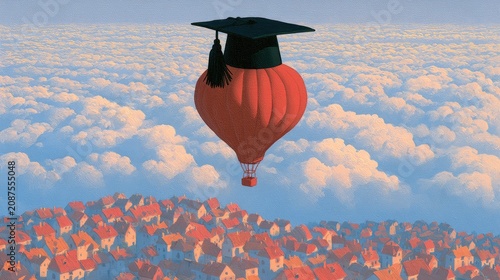 Red hot air balloon with graduation cap ascends above a town and clouds
