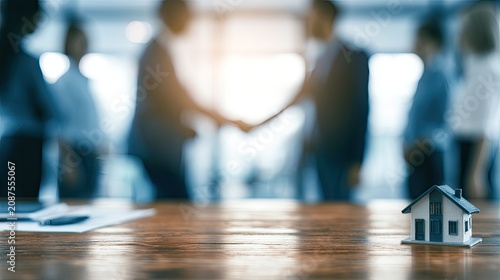 Miniature house model on table, businesspeople shaking hands in blurred background