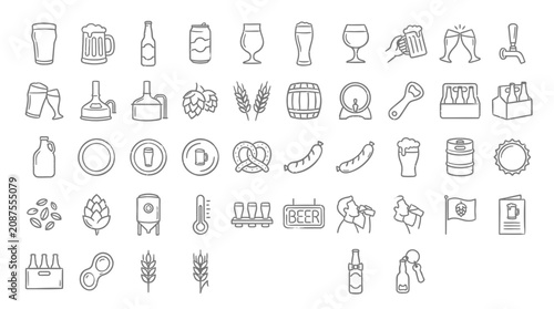 Photos A collection of line art icons representing various aspects of beer and brewing, including glasses, bottles, cans, ingredients, and equipment