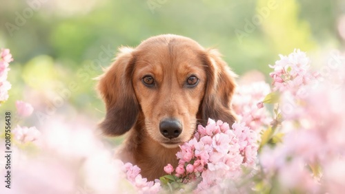 Dachshund surrounded by pink flowers