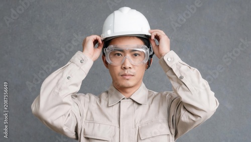 Man in work uniform adjusting safety gear