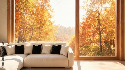 Living room with autumn view