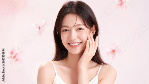Young woman with hand on face and flowers