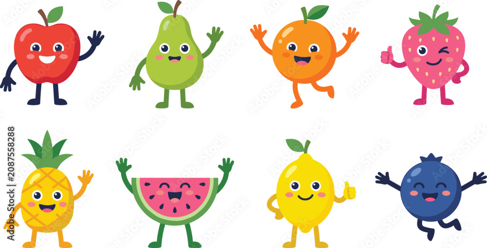 Fototapeta premium Colorful cartoon fruits with smiling faces and arms apple pear orange strawberry pineapple