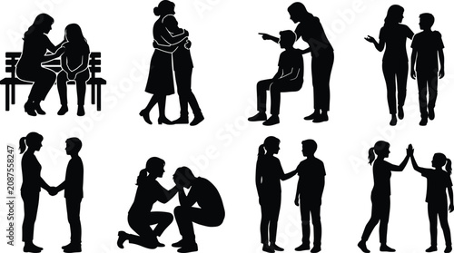 Black silhouettes of people interacting and communicating adults children communication