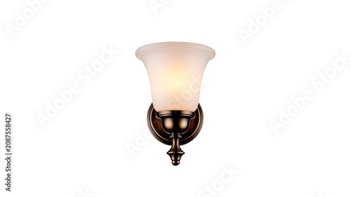 A wall mounted light fixture with a dark bronze metal base and a frosted glass shade glowing with warm light on a white background