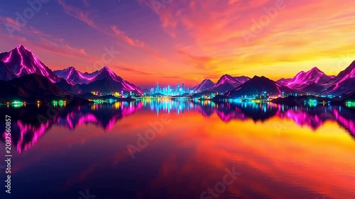 Surreal Neon Mountain Landscape at Sunset with Glowing City and Lake Reflection