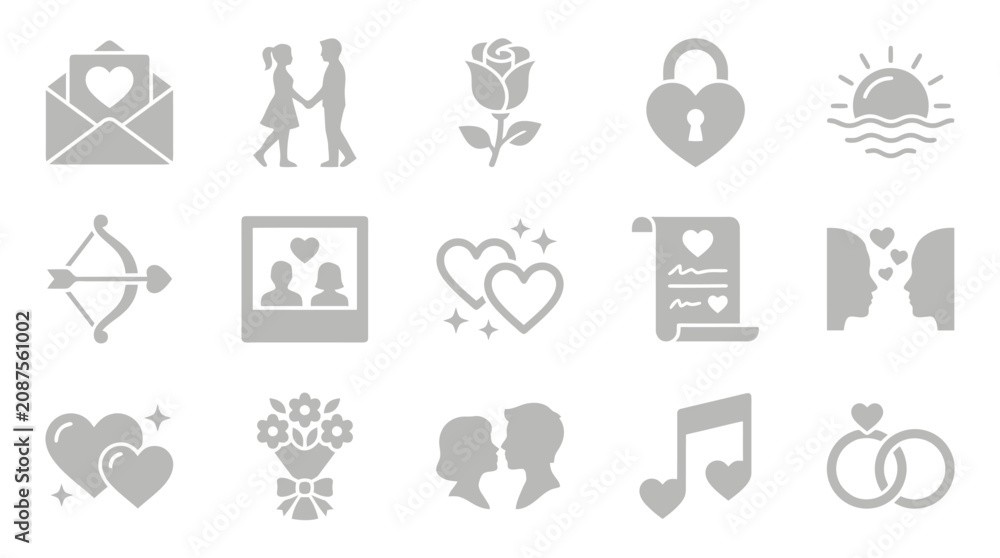 Fototapeta premium Collection of romantic icons representing love, relationships, and celebrations like weddings and Valentine's Day.