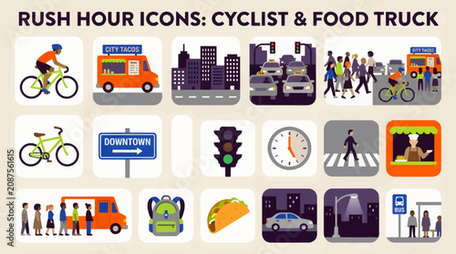 Quadro su tela Flat Vector Illustration of a Cyclist Passing a Food Truck, Urban Street Scene w