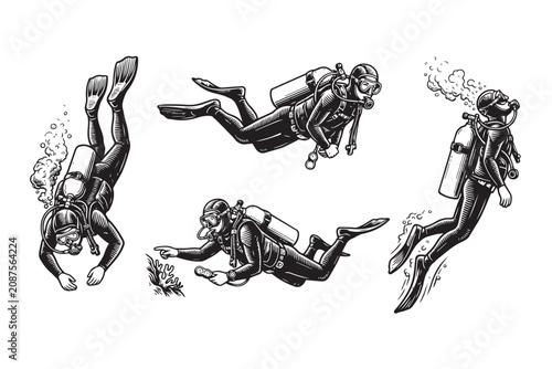 Set of 4 black and white scuba diver vector illustrations. Features divers exploring underwater with gear in a vintage engraving style.