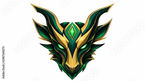 Foto Green and gold mythical creature head with glowing eyes.