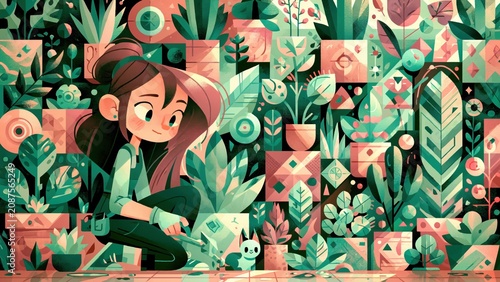 Smiling girl tends to dense wall of abstract potted plants.