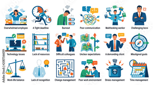 Business Stress and Work Problems Flat Icons Set