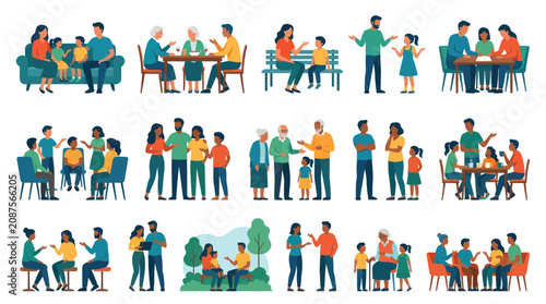 Diverse People Communicating and Interacting, Family and Social Gatherings Flat Vector Illustration Set
