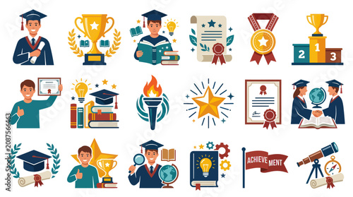 Flat Vector Education  Academic Achievement Icon Set with Graduates, Diplomas, Trophies, Books, and Learning Symbols.