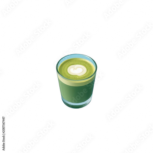 Glass of matcha green tea latte with foam art isolated on black