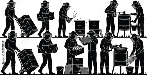 Obraz na plátně Beekeeping process and honey harvesting workers vector black silhouette collecti