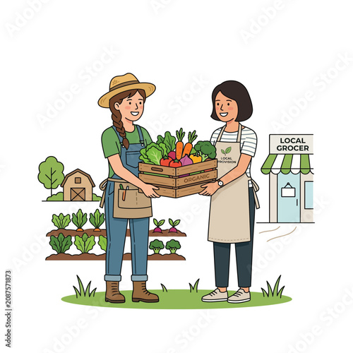Schilderij op canvas Two smiling people holding a crate of fresh organic vegetables from local farm t