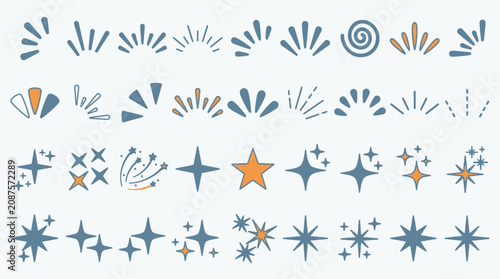 Eine Sammlung von handgezeichneten Sternen, Funken und Strahlen-Symbolen in Blau und Orange auf einem hellen Hintergrund für kreative grafische Design-Projekte.