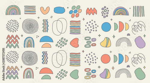 Ein nahtloses Muster mit handgezeichneten abstrakten Formen, Regenbögen, Punkten, Linien und organischen Elementen in einer modernen, pastellfarbenen Farbpalette auf einem hellen Hintergrund.