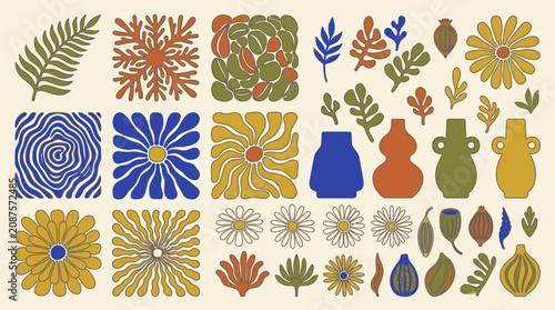 Eine Sammlung von handgezeichneten botanischen Elementen, Blumen, abstrakten Mustern und Keramikvasen im modernen Retro-Stil mit einer warmen Farbpalette auf einem hellen Hintergrund.