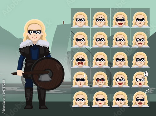 Viking Woman Warrior Cartoon Emotion faces Vector Illustration