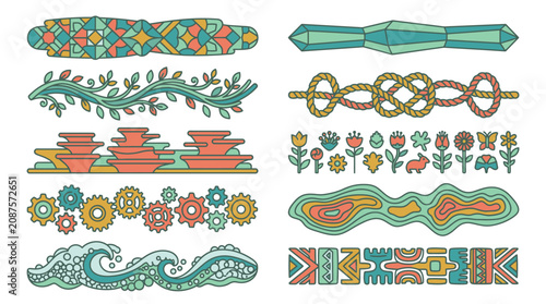 Eine Sammlung von dekorativen Trennlinien und Bordüren im flachen Vektorstil mit verschiedenen Mustern wie Blumen, Wellen, Zahnrädern, Knoten und geometrischen Formen auf weißem Hintergrund.