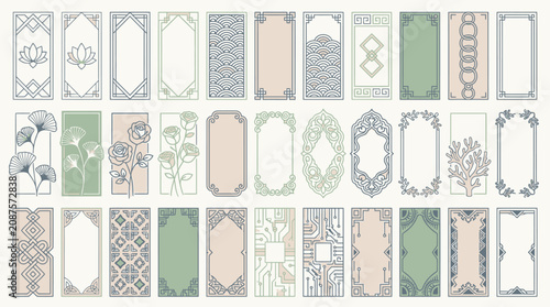 Eine Sammlung von eleganten vertikalen Rahmen und dekorativen Paneelen mit floralen Mustern, geometrischen Formen und minimalistischen Linien in sanften Pastelltönen für Grafikdesign.