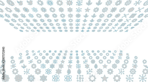 Abstrakter Hintergrund mit einem Muster aus verschiedenen hellblauen geometrischen Symbolen und floralen Formen, die in einer perspektivischen Anordnung mit viel Kopierraum in der Mitte angeordnet