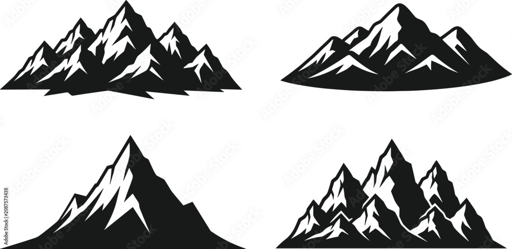 Fototapeta premium Mountain range vector illustration, jagged peaks, snow capped summits, outdoor adventure design, black and white landscape art, graphic logo inspiration