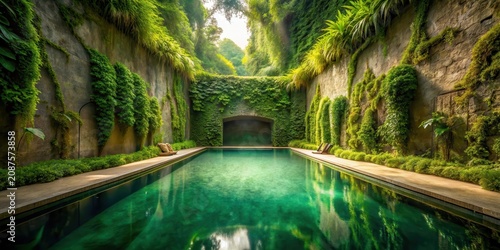A serene underground pool surrounded by lush greenery and soft earthy tones