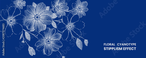 Floral cyanotype stipplism effect illustration, botanical print with white dots on blue background, artistic flower drawing, vintage style design