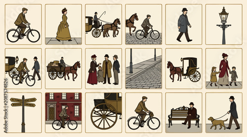 Quadro su tela Flat Vector Illustration of Victorian Era Street Scene with Cyclists, Carriages,