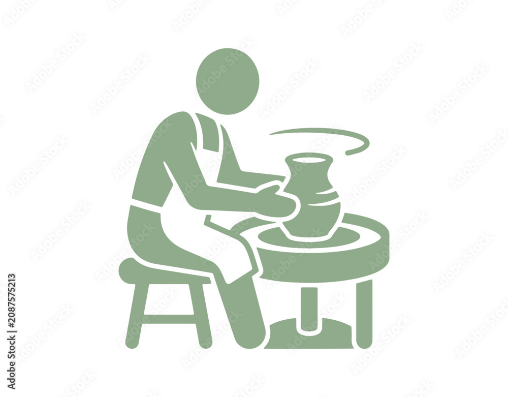 Fototapeta premium Icon handmade pottery. The art of creating ceramic vessels. Pottery shaping on a wheel. Forming the intended shape. A sculpture made by hand. Silhouette on a white space. Isolated 