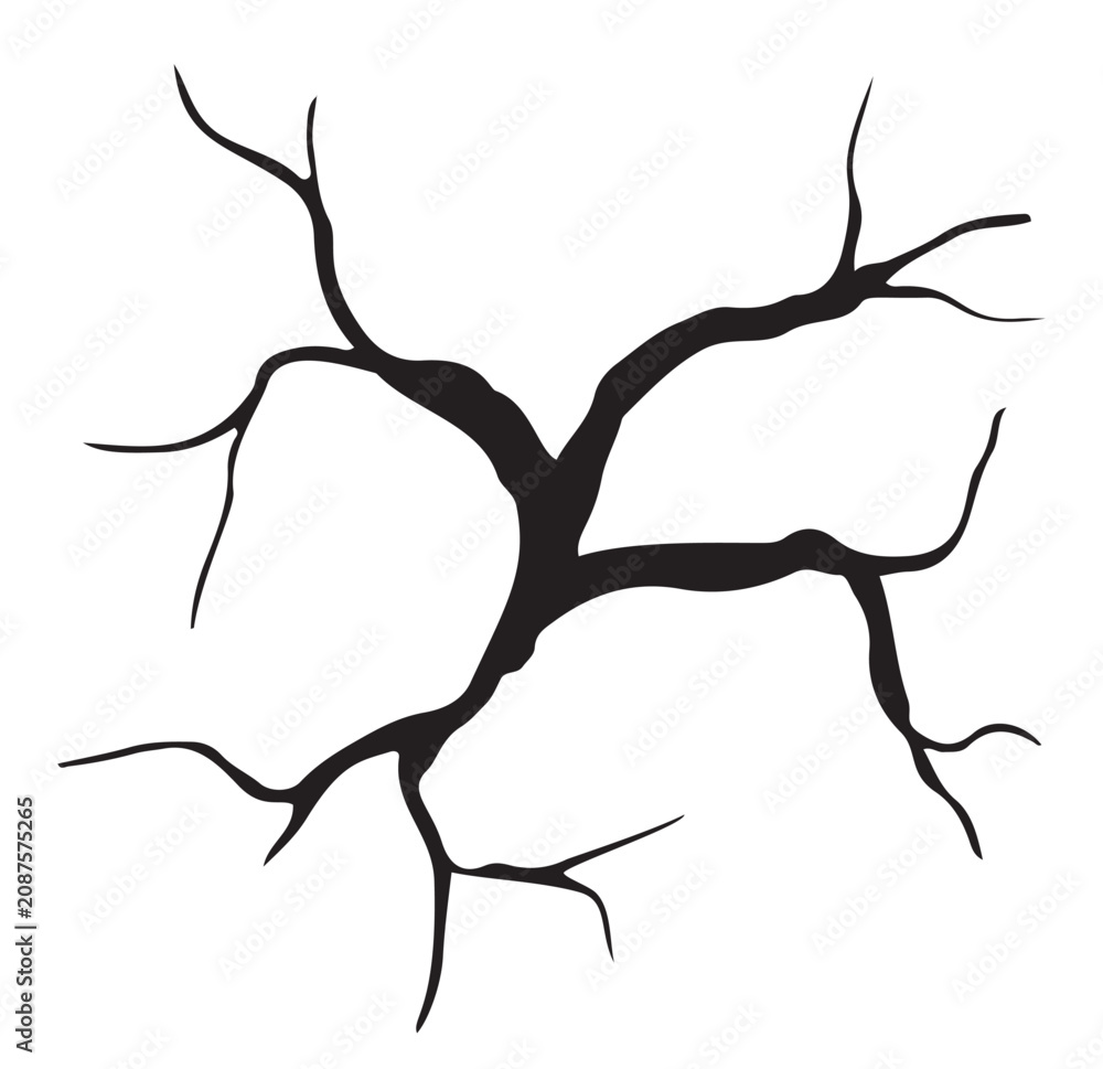 Fototapeta premium Black crack or ground split silhouette. Vector flat cartoon illustration of a broken surface pattern isolated on white background.
