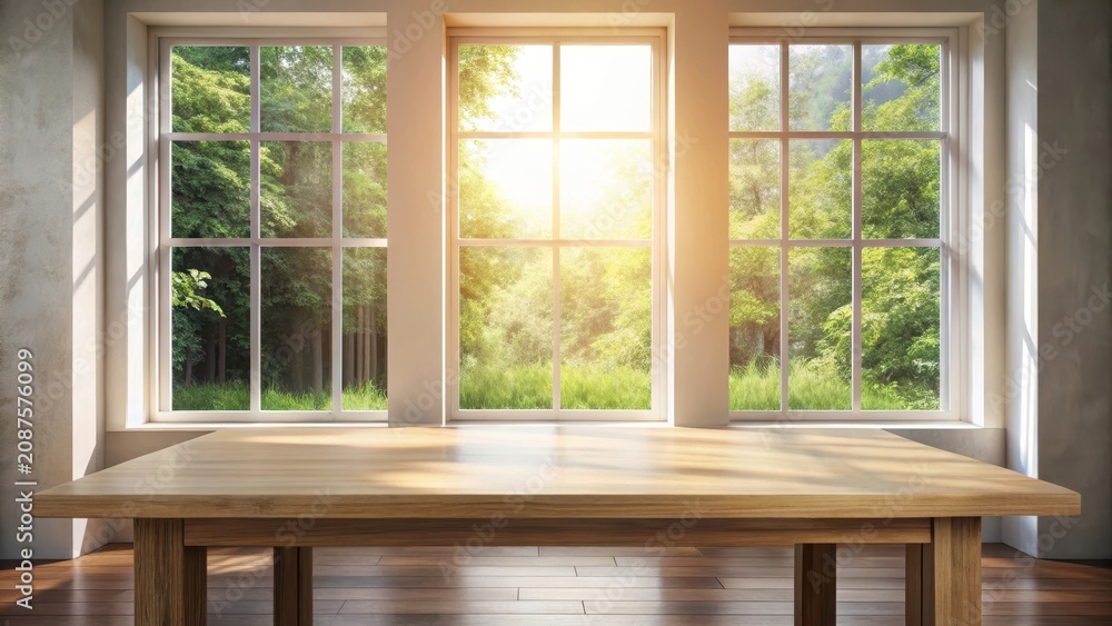 Fototapeta premium Wooden table placed in front of large window with natural light pouring in
